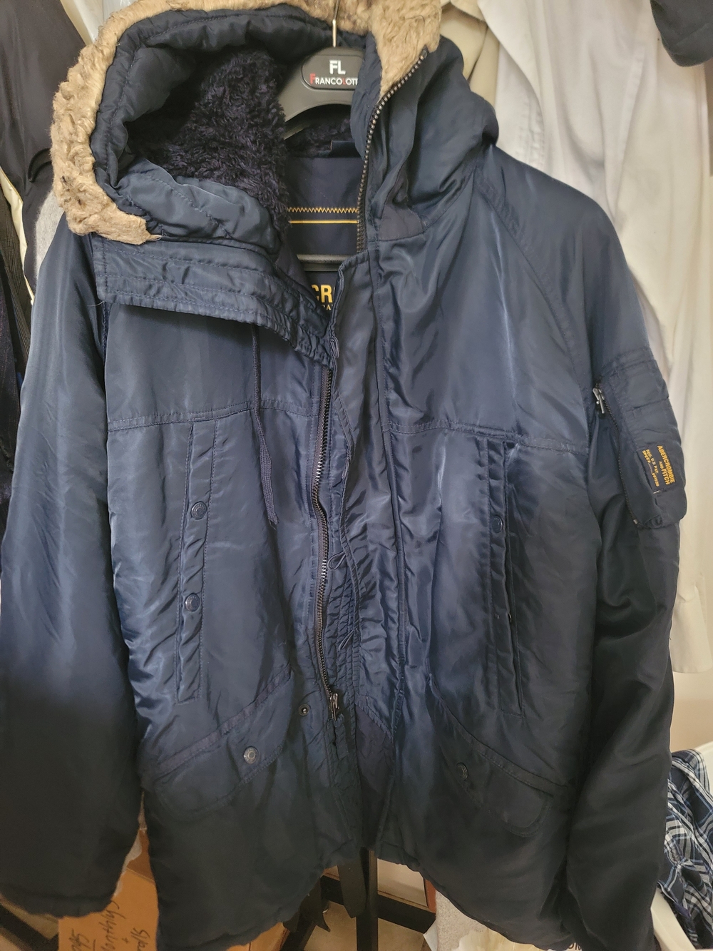 Men's Abercrombie & Fitch Navy Hooded Parka Coat with Faux-Fur Trim